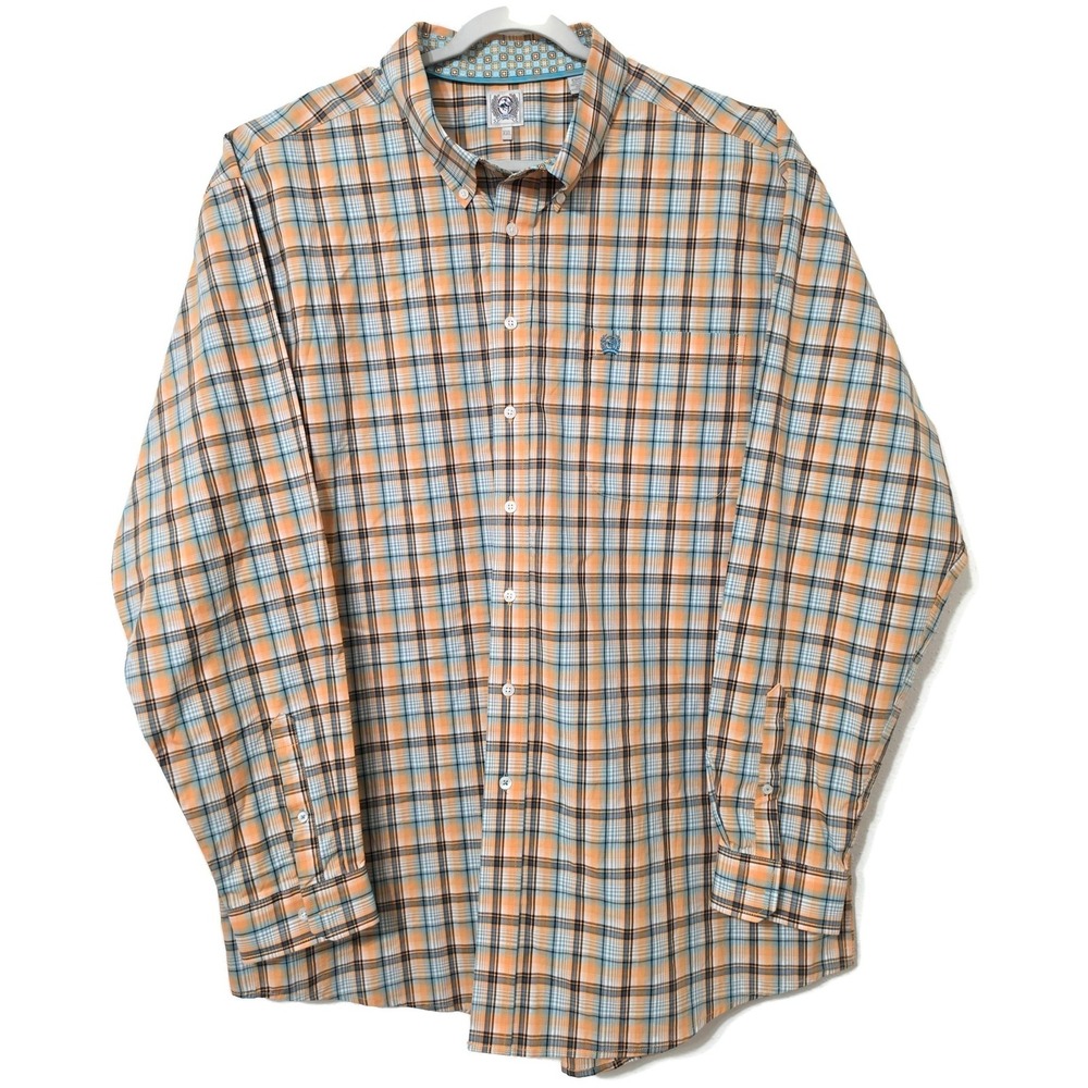Cinch Shirt Mens 2XL Orange Plaid Long Sleeve Button Front Western Cotton Casual